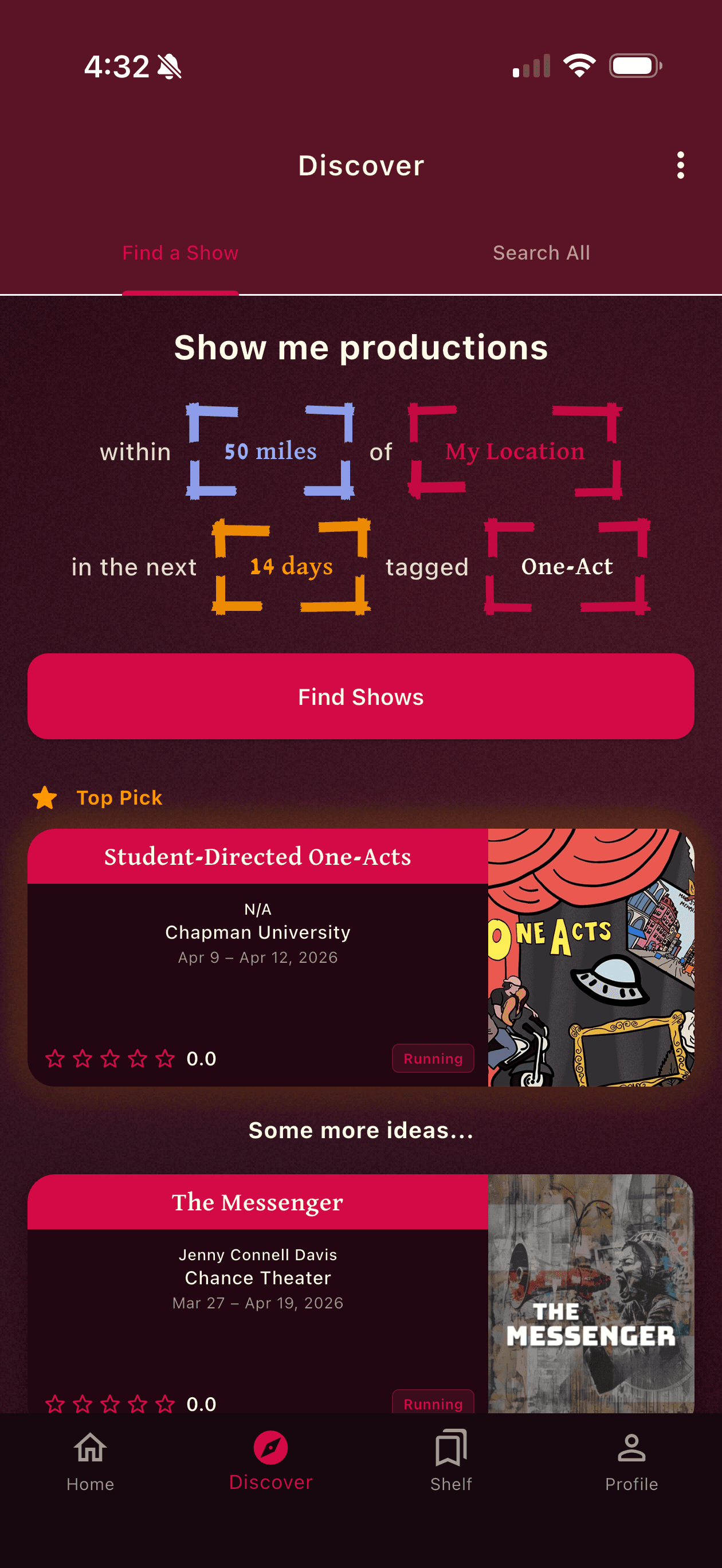 Discover screen (dark)
